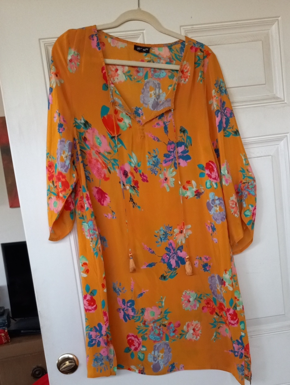 Tolani Large 109% Silk Floral Mustard Tunic with Tassel Tie